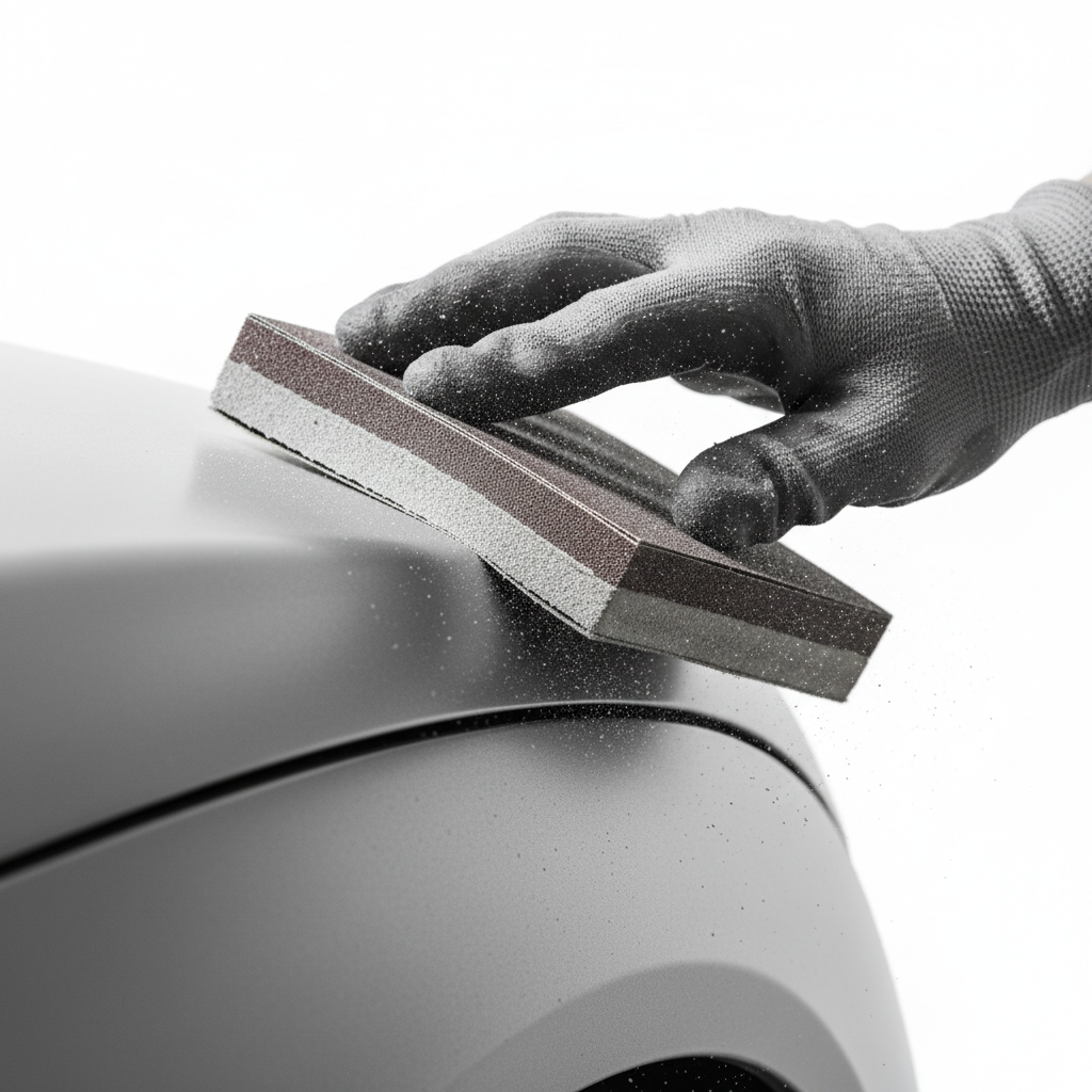 Gloved hand block-sanding a primered panel