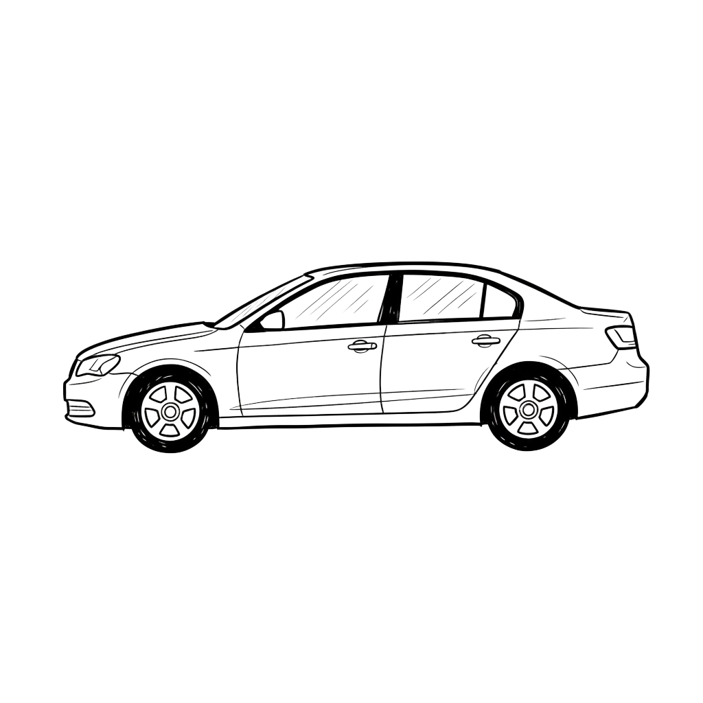 Side-profile sketch of a sedan with collision-repair zones marked
